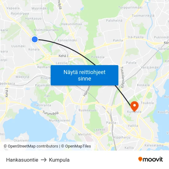 Hankasuontie to Kumpula map