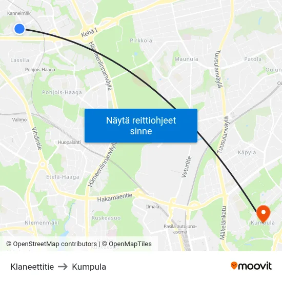 Klaneettitie to Kumpula map