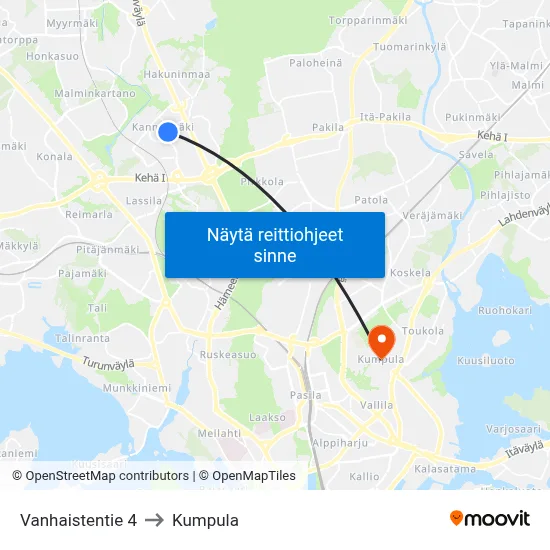 Vanhaistentie 4 to Kumpula map