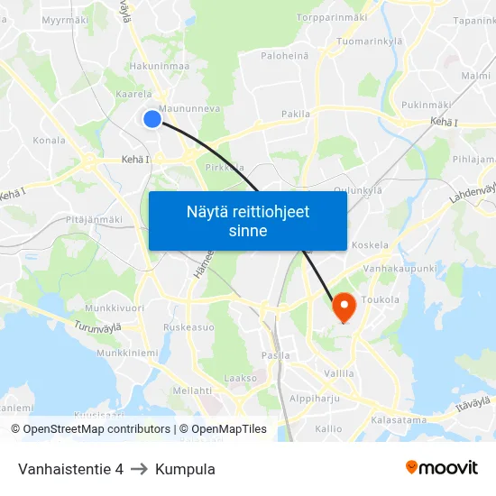 Vanhaistentie 4 to Kumpula map