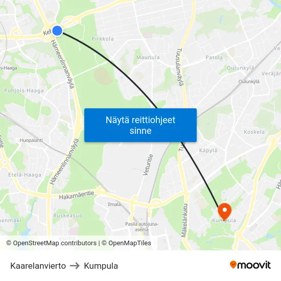 Kaarelanvierto to Kumpula map