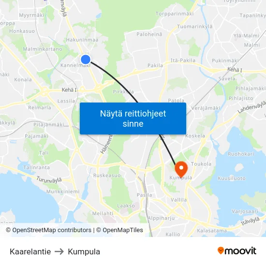 Kaarelantie to Kumpula map