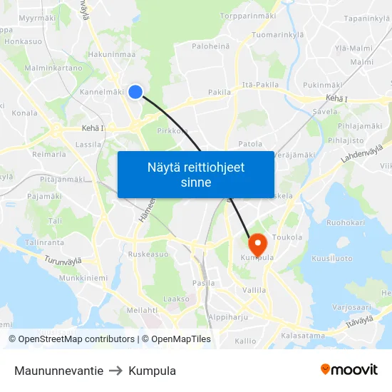 Maununnevantie to Kumpula map