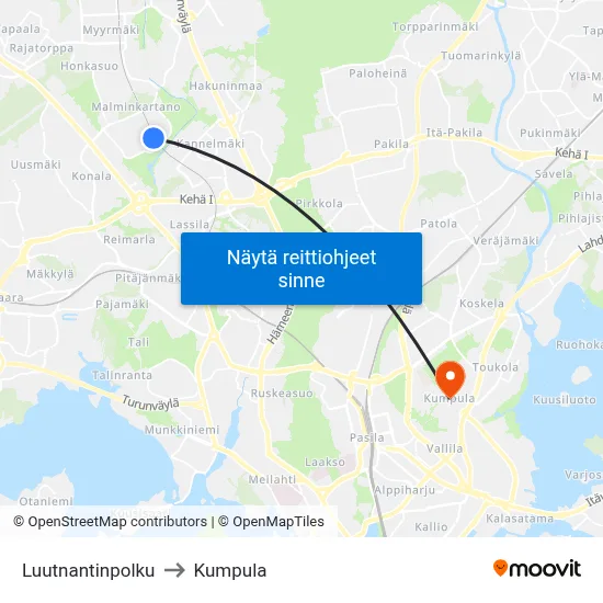 Luutnantinpolku to Kumpula map