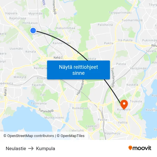 Neulastie to Kumpula map