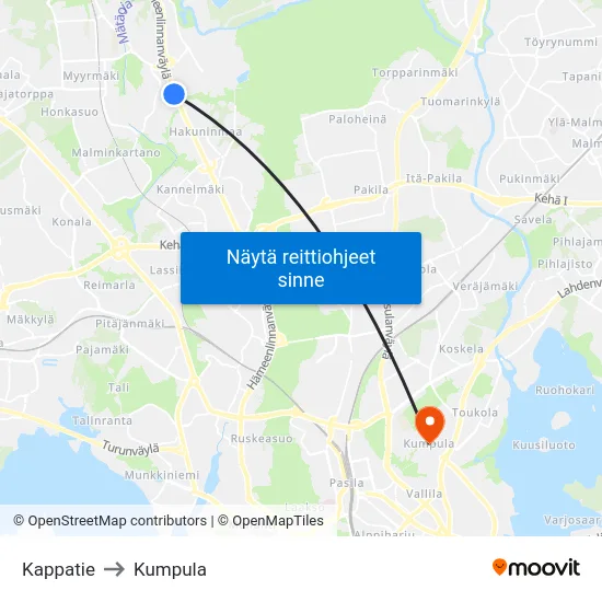 Kappatie to Kumpula map