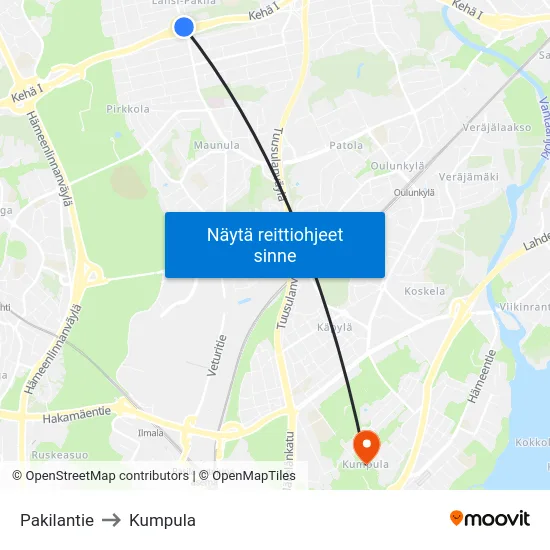 Pakilantie to Kumpula map