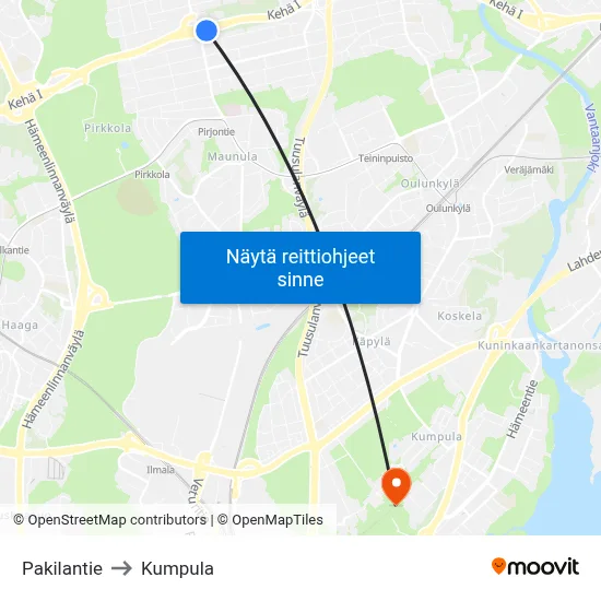 Pakilantie to Kumpula map