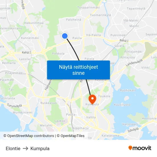 Elontie to Kumpula map