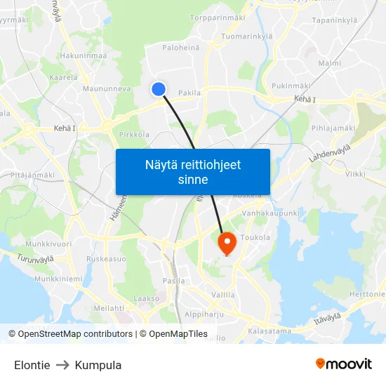 Elontie to Kumpula map