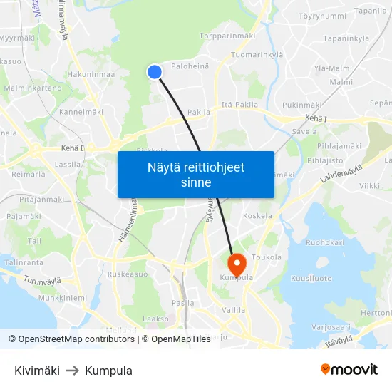 Kivimäki to Kumpula map