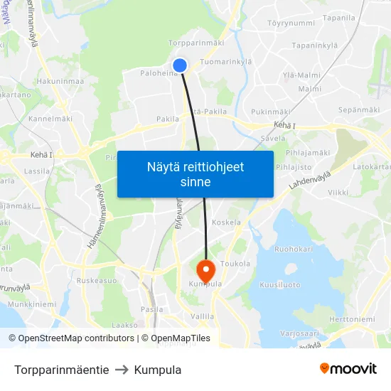 Torpparinmäentie to Kumpula map