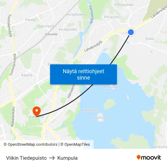Viikin Tiedepuisto to Kumpula map