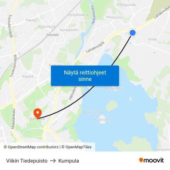 Viikin Tiedepuisto to Kumpula map