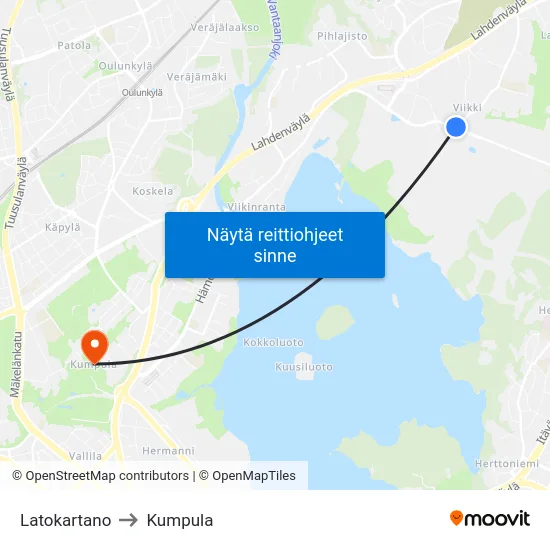 Latokartano to Kumpula map