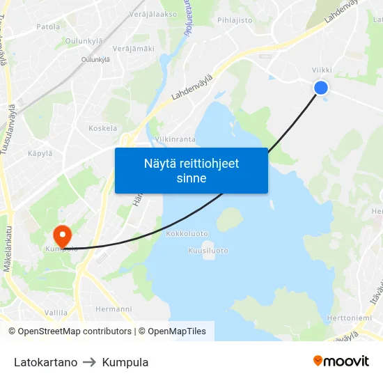 Latokartano to Kumpula map