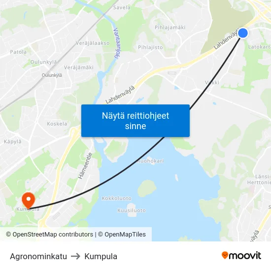 Agronominkatu to Kumpula map