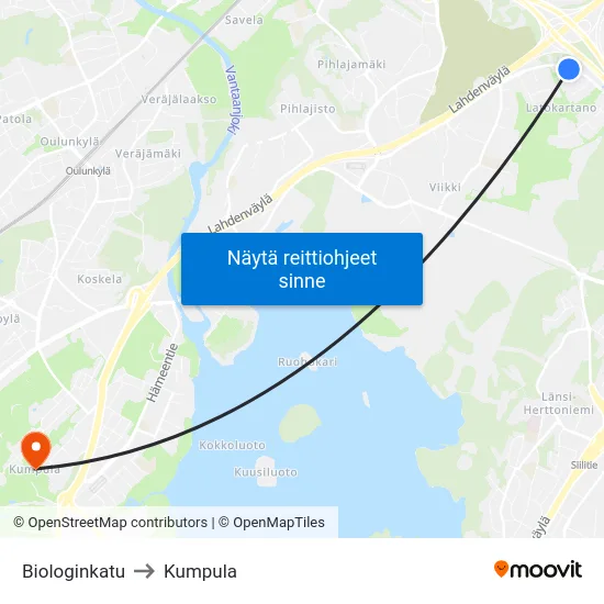 Biologinkatu to Kumpula map