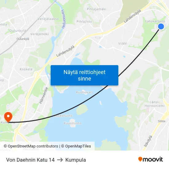 Von Daehnin Katu 14 to Kumpula map