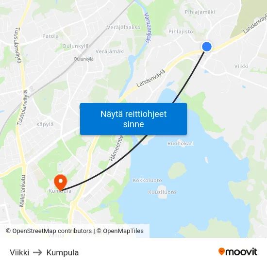 Viikki to Kumpula map