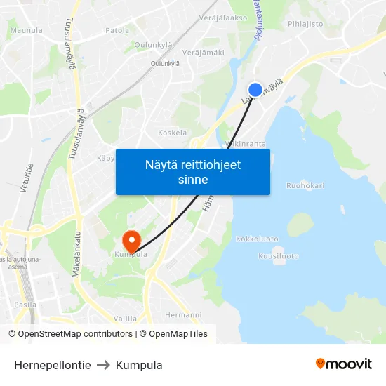 Hernepellontie to Kumpula map