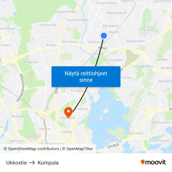 Ukkostie to Kumpula map