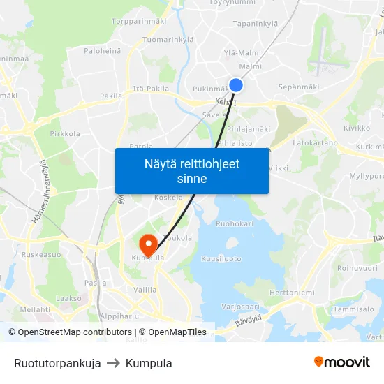 Ruotutorpankuja to Kumpula map