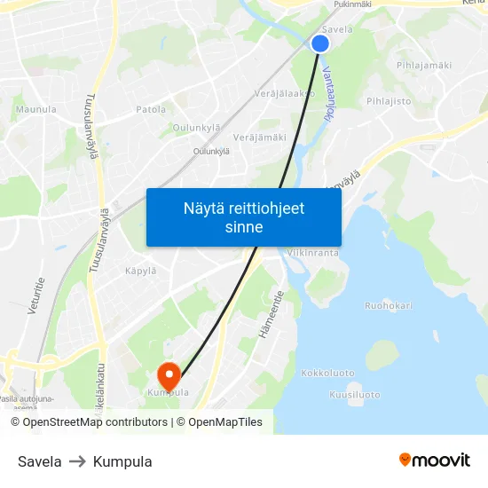 Savela to Kumpula map
