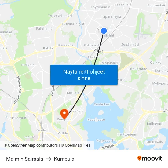 Malmin Sairaala to Kumpula map