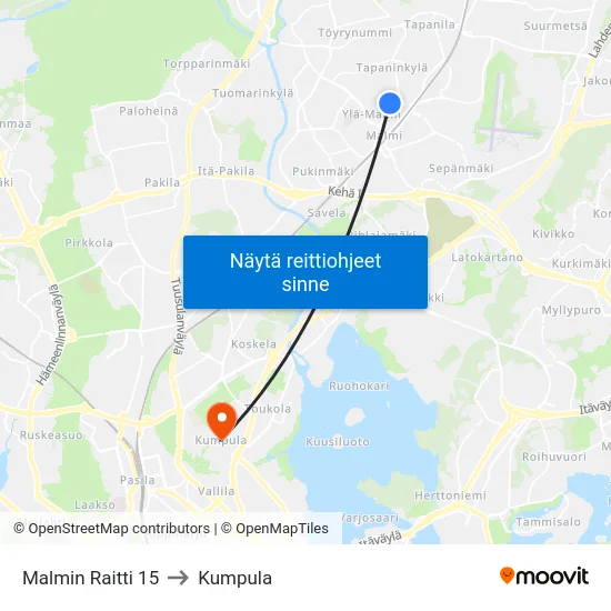 Malmin Raitti 15 to Kumpula map