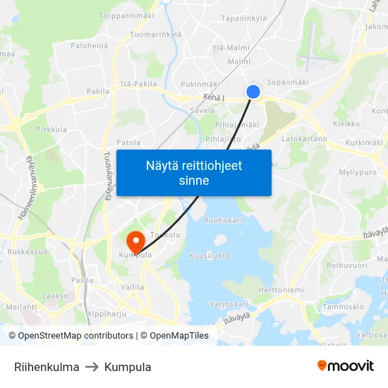 Riihenkulma to Kumpula map