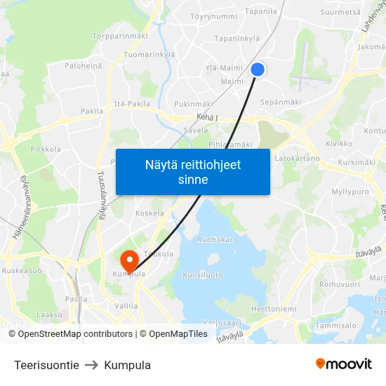 Teerisuontie to Kumpula map