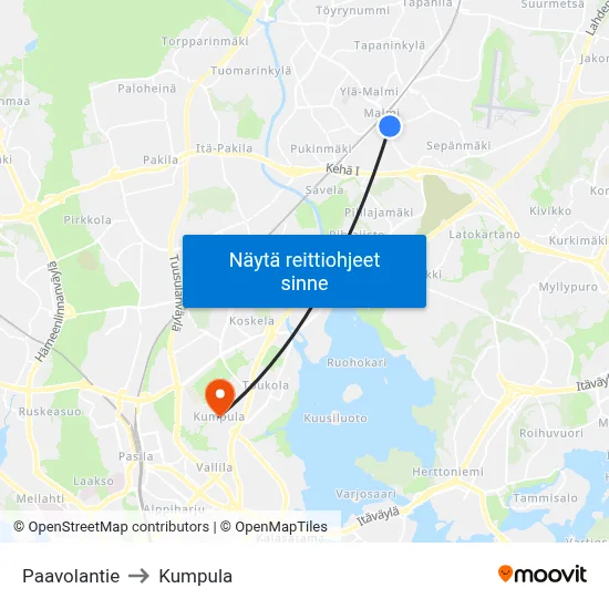 Paavolantie to Kumpula map