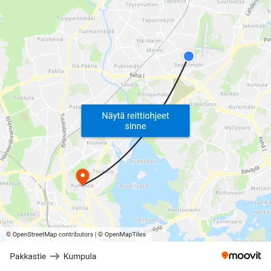 Pakkastie to Kumpula map