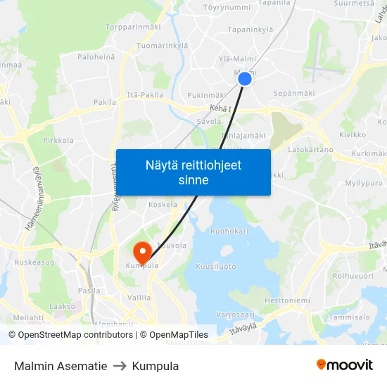 Malmin Asematie to Kumpula map