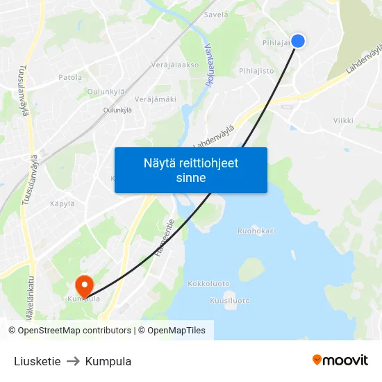 Liusketie to Kumpula map