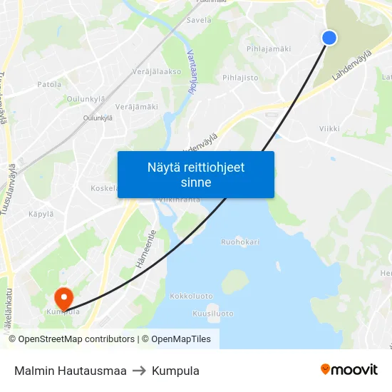 Malmin Hautausmaa to Kumpula map