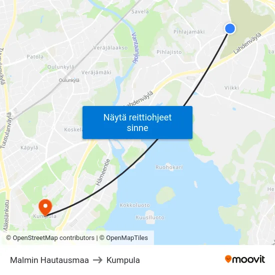 Malmin Hautausmaa to Kumpula map
