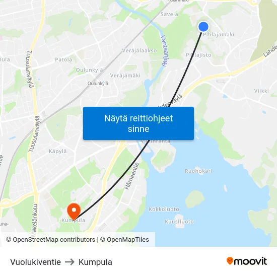 Vuolukiventie to Kumpula map