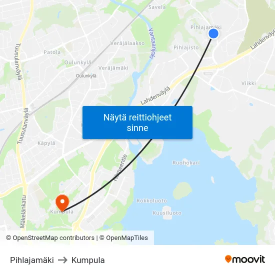 Pihlajamäki to Kumpula map