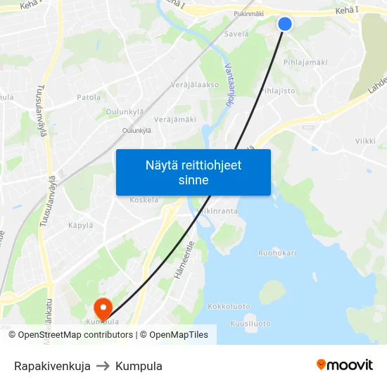 Rapakivenkuja to Kumpula map