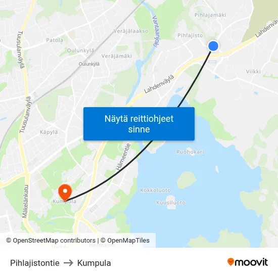 Pihlajistontie to Kumpula map
