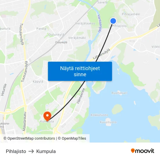 Pihlajisto to Kumpula map
