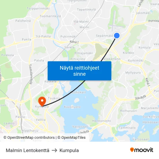 Malmin Lentokenttä to Kumpula map