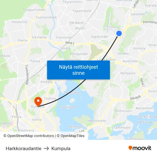 Harkkoraudantie to Kumpula map