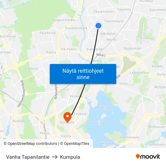 Vanha Tapanilantie to Kumpula map