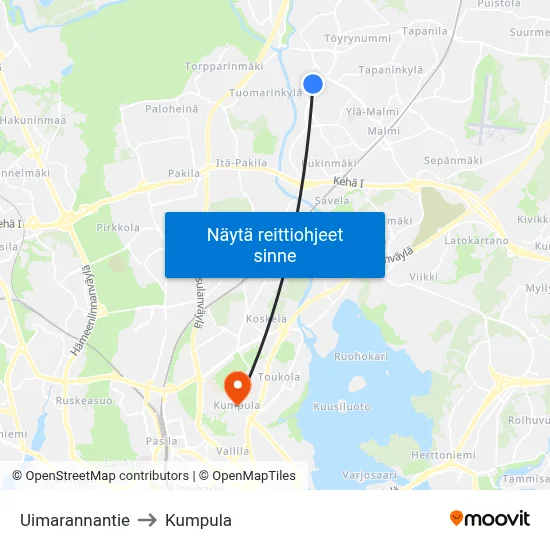 Uimarannantie to Kumpula map