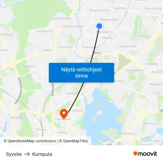 Syystie to Kumpula map