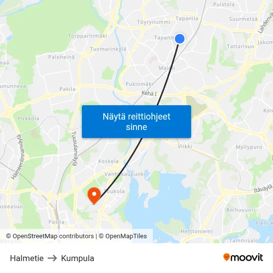 Halmetie to Kumpula map
