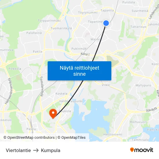 Viertolantie to Kumpula map
